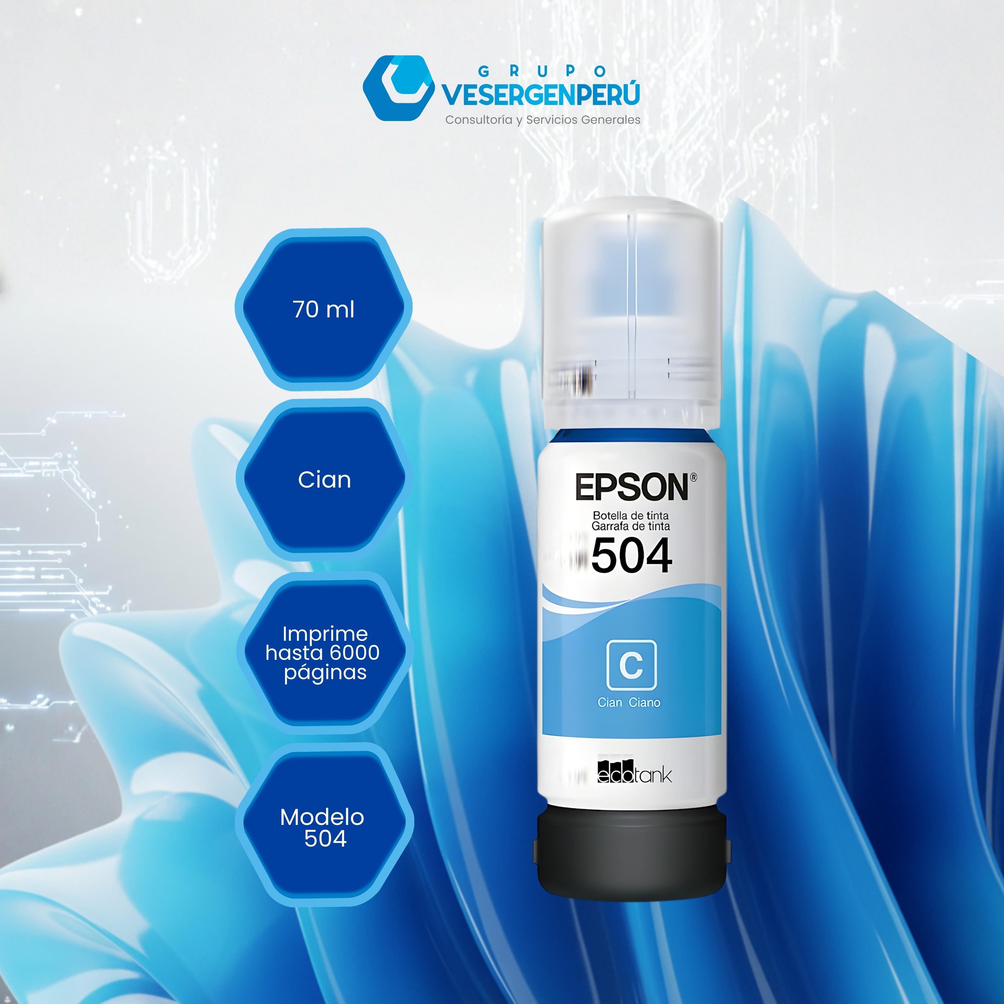 Botella de tinta EPSON T504220-AL, color Cyan, contenido 70ml.