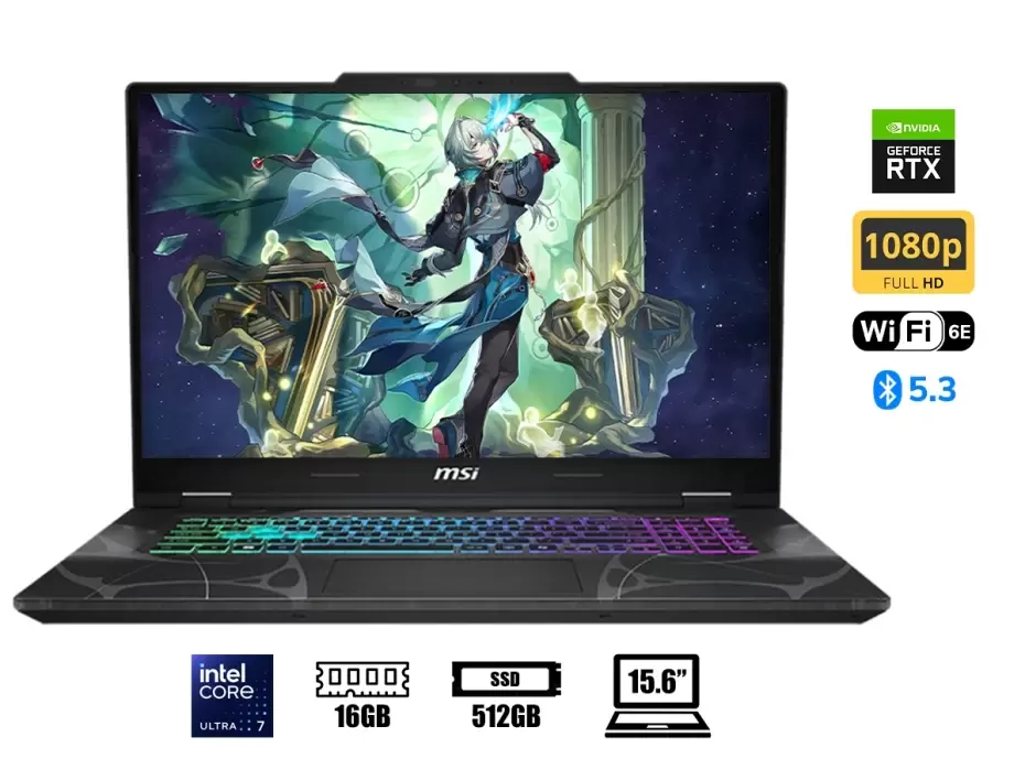 MSI CYBORG 15 B2RWFKG-071US GAMING INTEL CORE 7-240H , 512GB SSD 16GB DDR5 , 15.6 FHD (1920X1080 ,NVIDIA GEFORCE RTX 5060  8GB  COLOR TRANSLUCENT BLACK